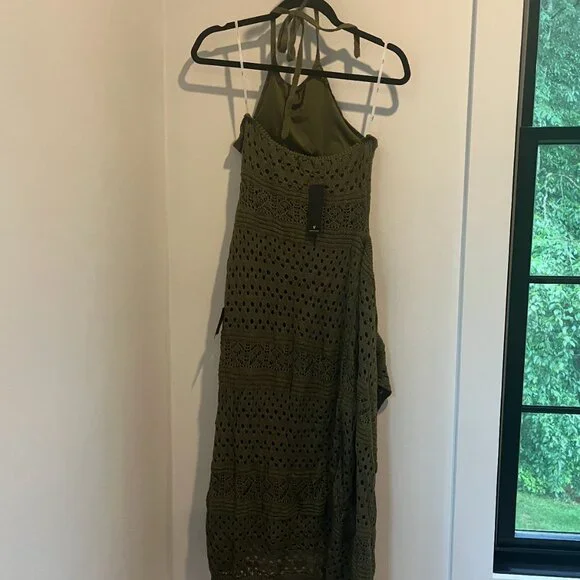Olive Green Crochet Faux-Wrap Halter Midi Dress - Picture 3 of 3